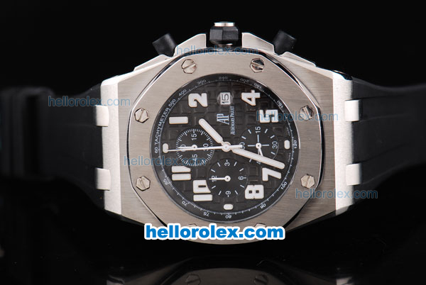 Audemars Piguet Royal Oak Chronograph Quartz Movement Silver Case with Black Grid Dial-White Numeral Marker and Black Rubber Strap - Click Image to Close